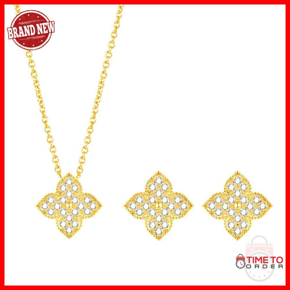 Gold Plated CZ Jewelry Set Dainty Pendant Necklace Earrings Elegant Gift